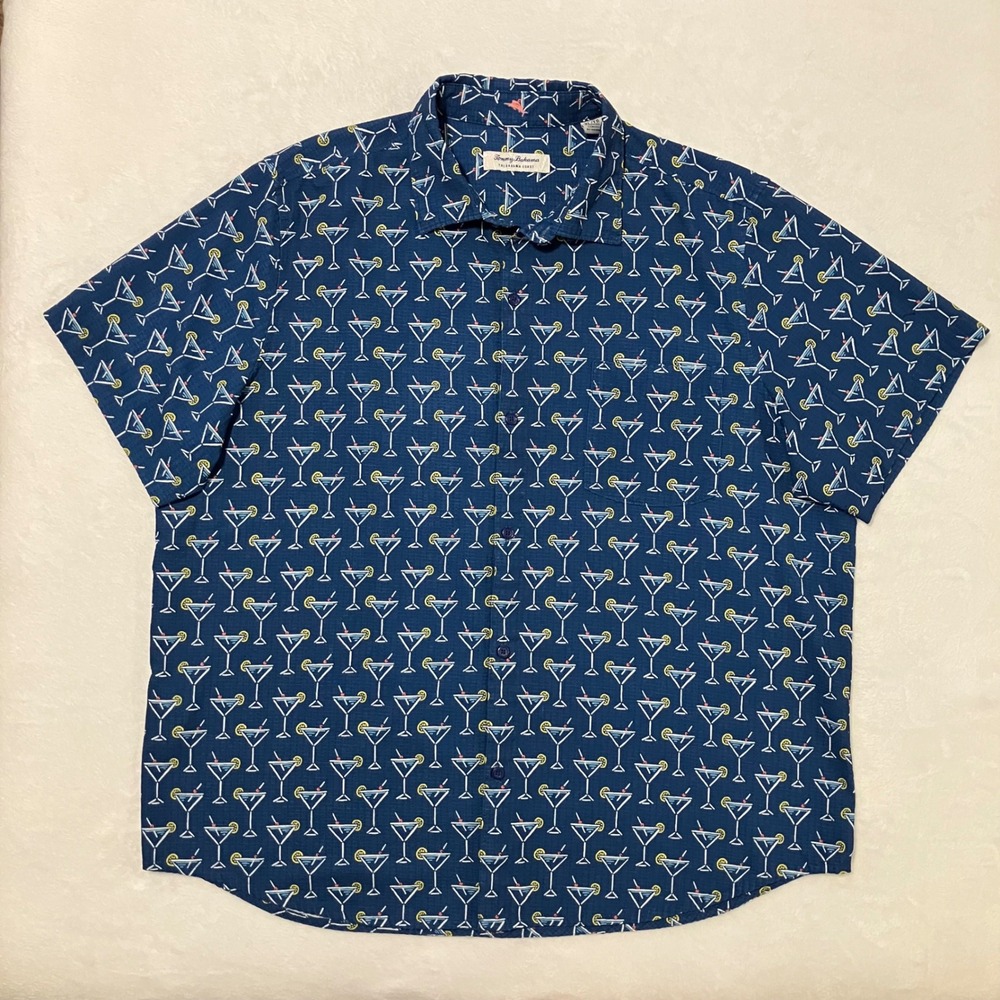 Tommy Bahama Coast IslandZone Martini Time Print Shirt Men's Size XL Navy Blue